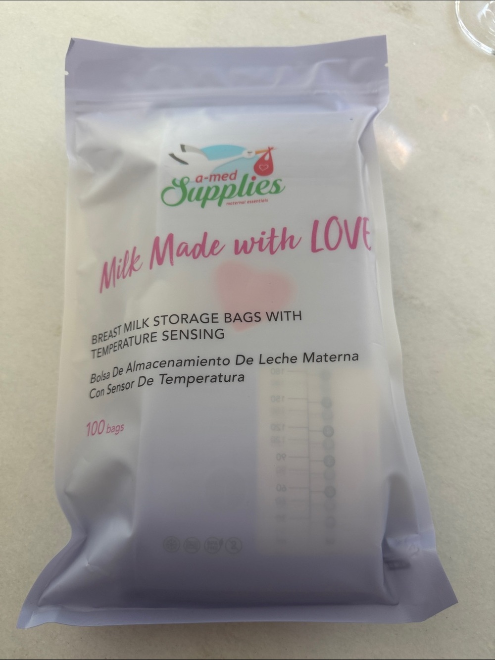 Pink Breast Milk Storage Bags with Temperature Sensing